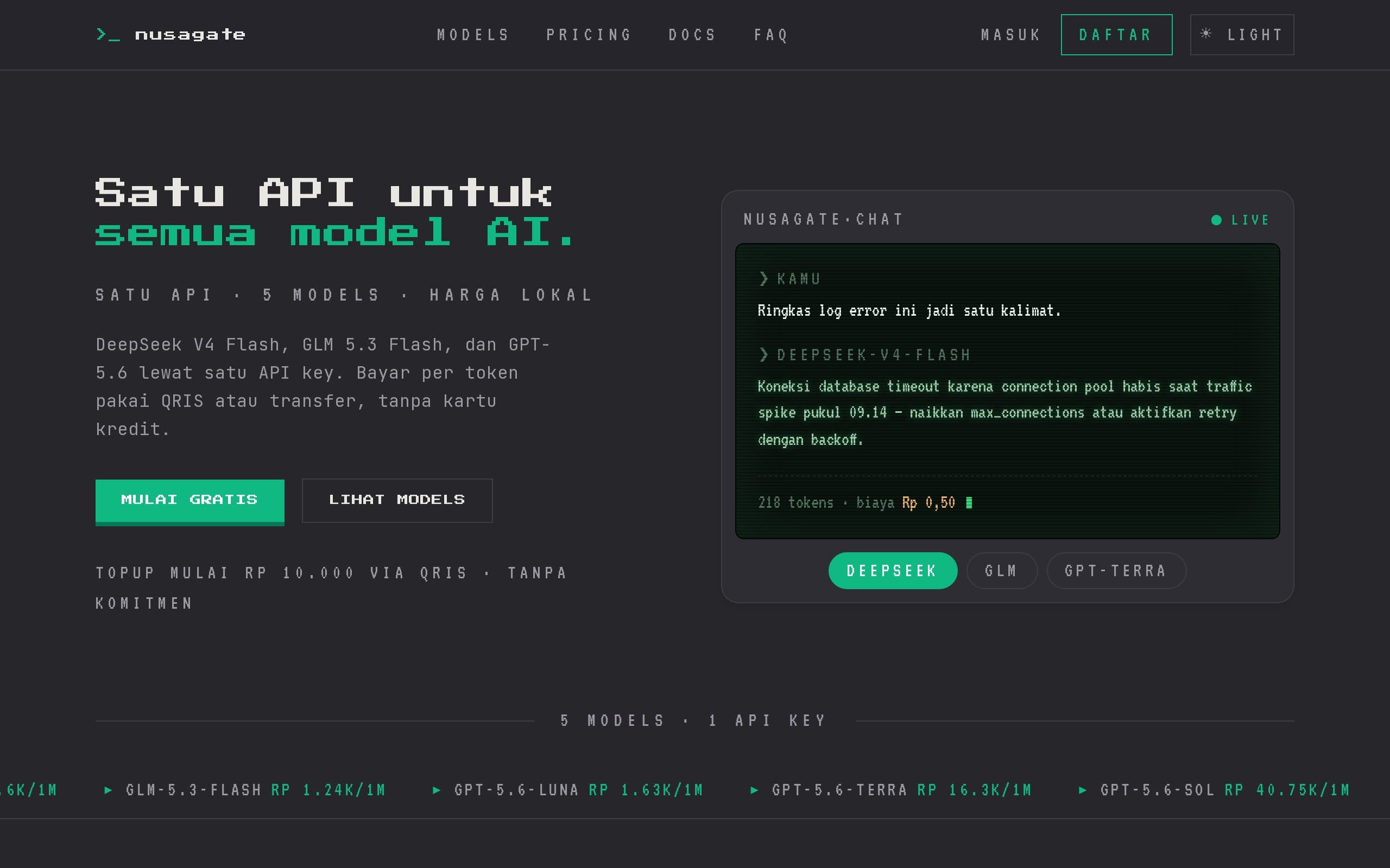 NusaGate landing page with live AI chat demo